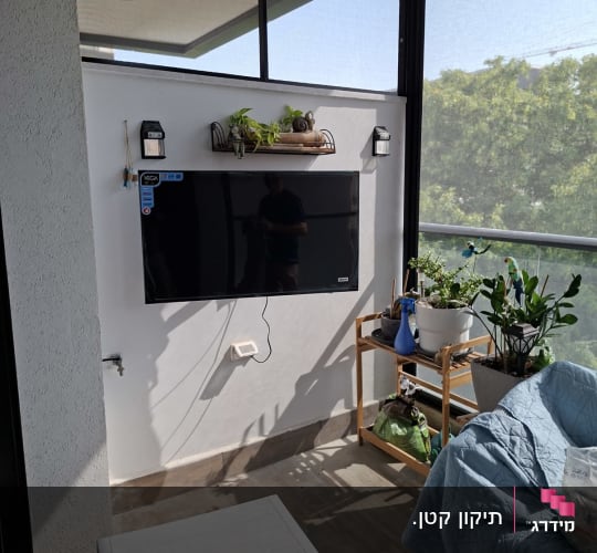 טלוויזיה תלויה על קיר עם צמחים וכלי עבודה